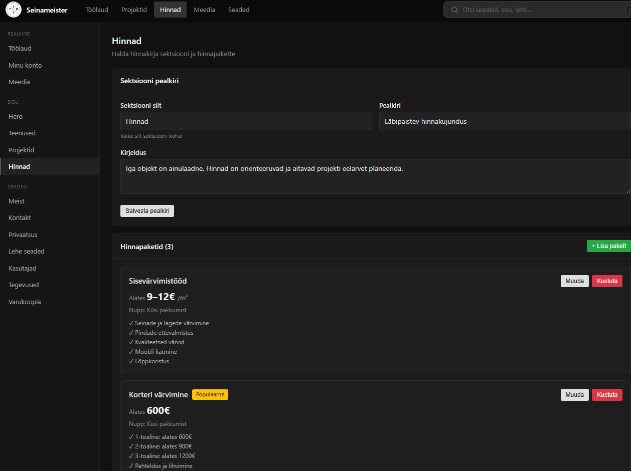 Juhtpaneel veebilehele