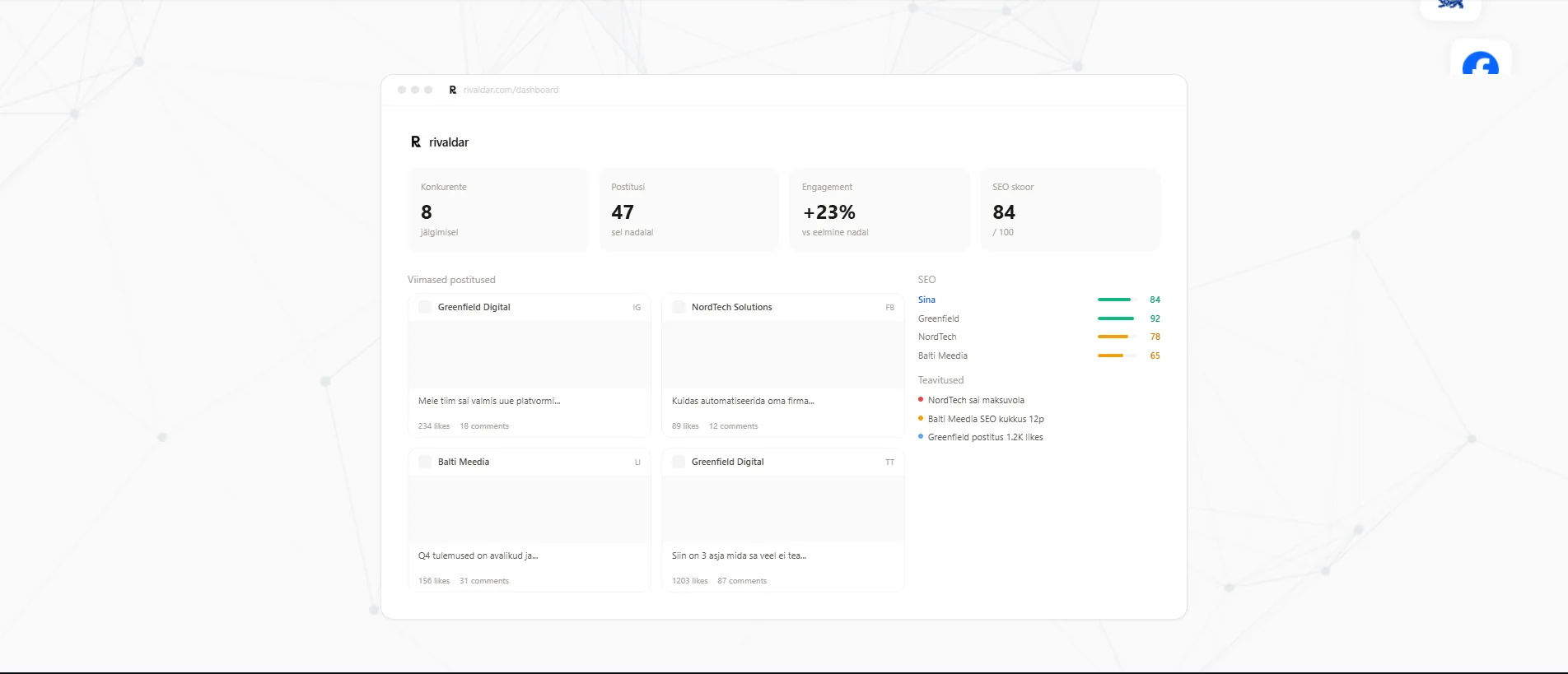 Dashboard: postitused, SEO võrdlus ja teavitused